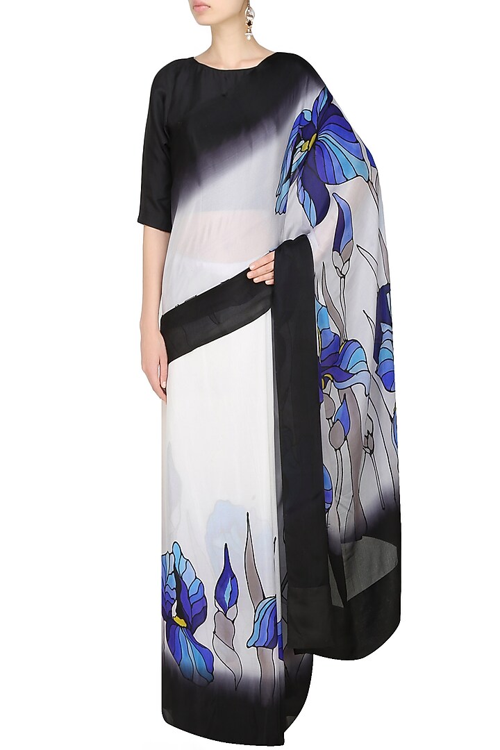 AADI SHOP by Shalini presents Off white "Bluebell" floral handpainted saree with an untitched blouse piece available only at Pernia's Pop Up Shop.
