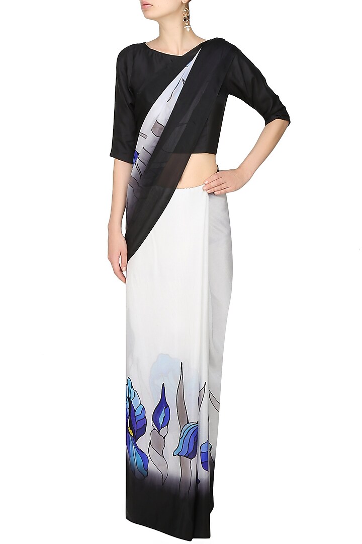 AADI SHOP by Shalini presents Off white "Bluebell" floral handpainted saree with an untitched blouse piece available only at Pernia's Pop Up Shop.