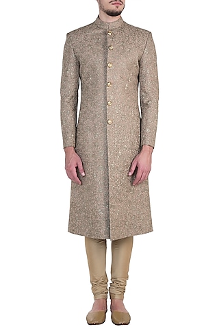 Copper Zari Embroidered Sherwani Set by Aditya Sachdeva