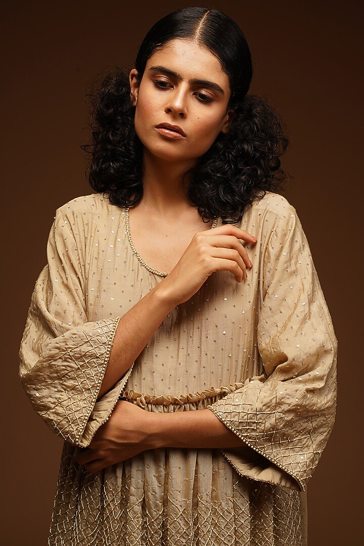 Beige Embroidered Vacation Dress by Aditya Sikand at Pernia's Pop Up Shop