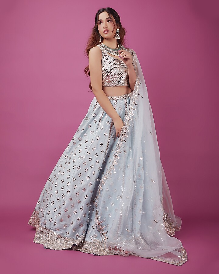Pastel Blue Embroidered Wedding Lehenga Set by Seema Gujral at Pernia's Pop Up Shop