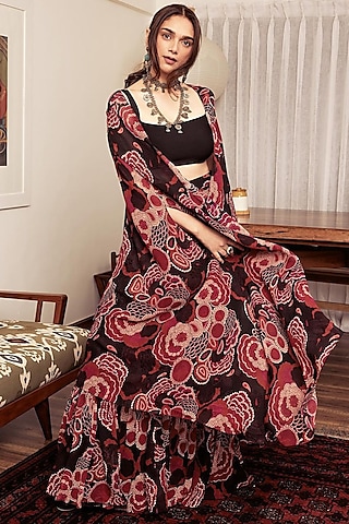 Black & Red Embroidered Jacket Set by Bhumika Sharma