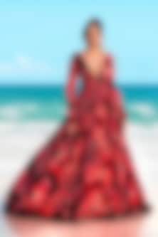strapless open back dress Women's Red Floral Swing Dress