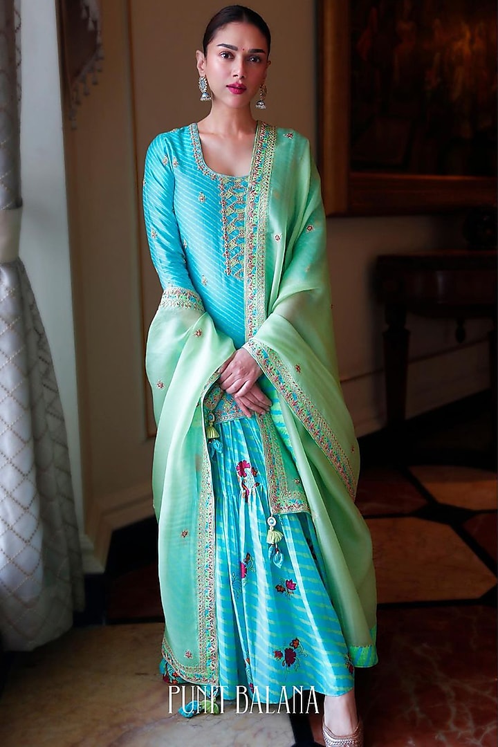 Turquoise Chanderi Silk Gharara Set by Punit Balana