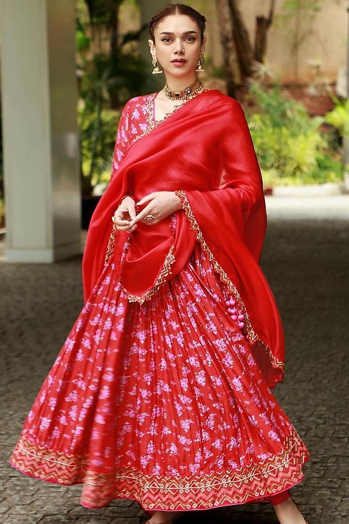 Red Chanderi Silk Printed & Embroidered Anarkali Set by Punit Balana