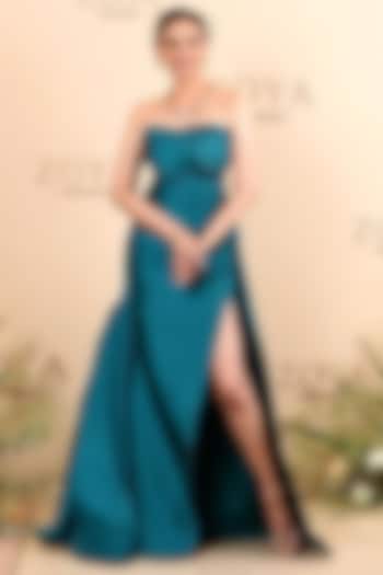 Teal Green Polyester Strapless Gown by Tisharth by Shivani