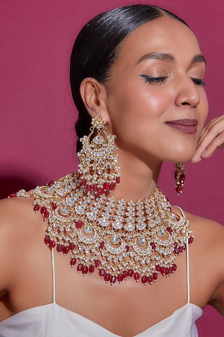 Gold Finish Red Kundan Polki Necklace Set by Adityam Jewels at Pernia's Pop Up Shop