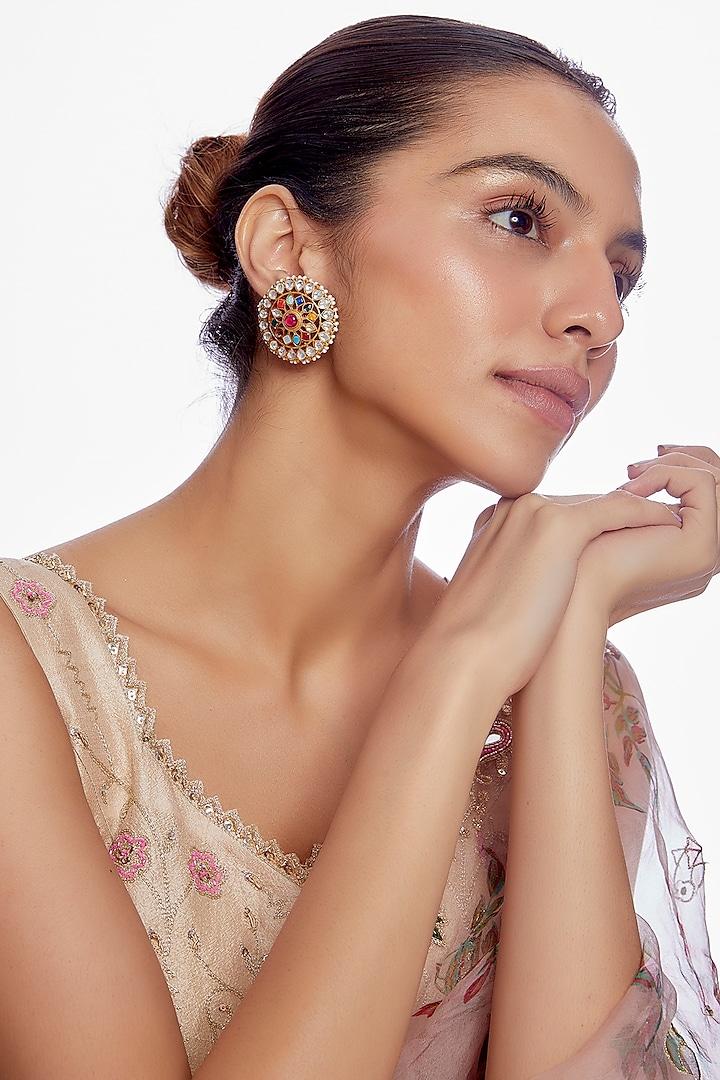 Gold Finish Navratna Stone & Kundan Polki Stud Earrings by Adityam Jewels