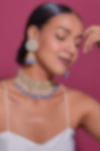 Gold Finish Kundan Polki & Blue Drop Choker Necklace Set by Adityam Jewels at Pernia's Pop Up Shop