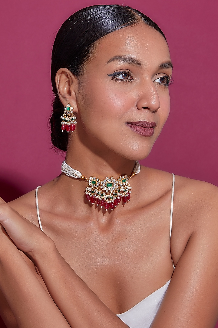 Gold Finish Kundan Polki & Drop Choker Necklace Set by Adityam Jewels at Pernia's Pop Up Shop