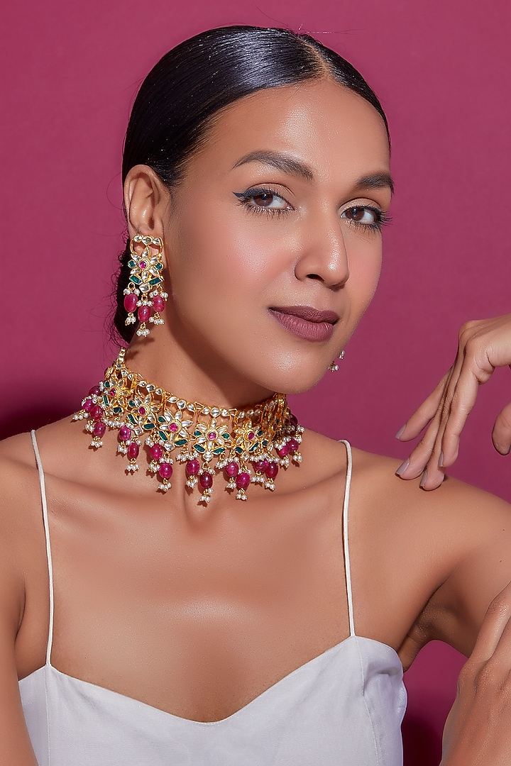 Gold Finish Kundan Polki & Red Drop Choker Necklace Set by Adityam Jewels at Pernia's Pop Up Shop