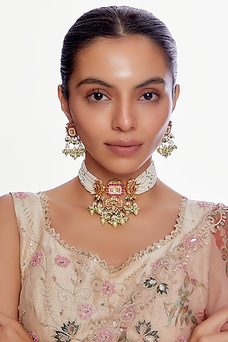 Gold Finish Red Kundan Polki Choker Necklace Set by Adityam Jewels