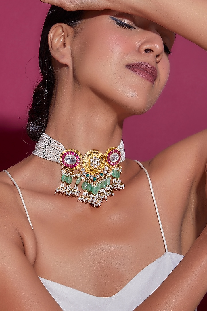 Gold Finish Kundan Polki Necklace by Adityam Jewels at Pernia's Pop Up Shop