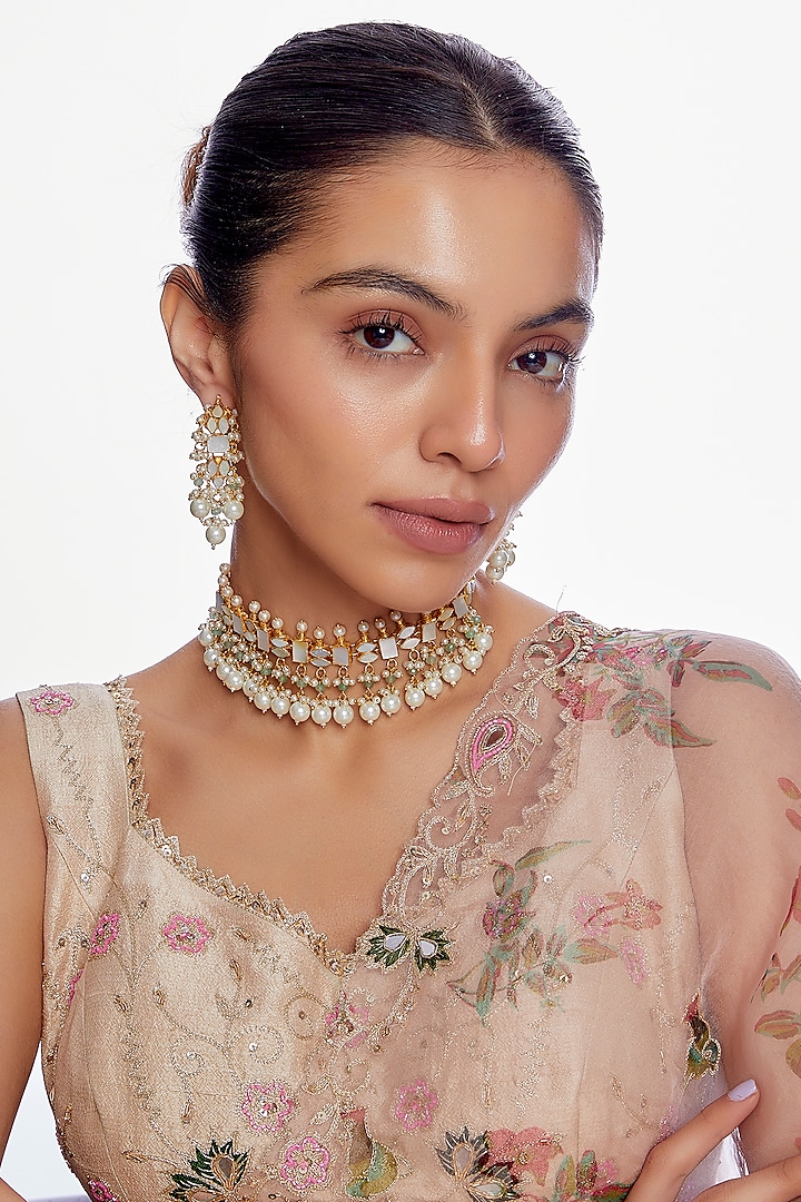 Gold Finish White Mother Of Pearl Choker Necklace Set by Adityam Jewels