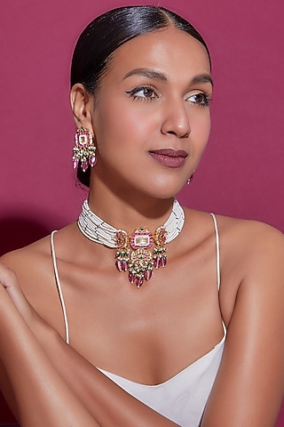 Gold Finish Red Kundan Polki Choker Necklace Set by Adityam Jewels