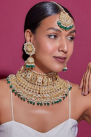 Gold Finish White Kundan Polki & Green Drop Necklace Set by Adityam Jewels