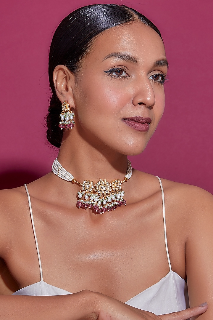 Gold Finish White Kundan Polki Choker Necklace Set Design By Adityam