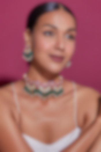 Gold Finish Red Kundan Polki & Peacock Motif Necklace Set by Adityam Jewels at Pernia's Pop Up Shop