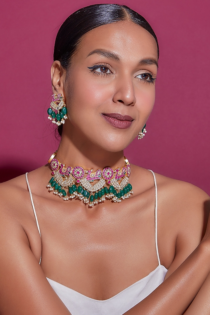 Gold Finish Red Kundan Polki & Peacock Motif Necklace Set by Adityam Jewels at Pernia's Pop Up Shop