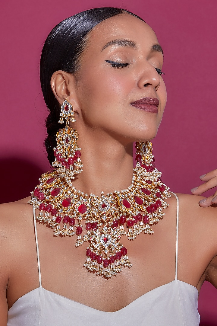 Gold Finish Red Kundan Polki Necklace Set by Adityam Jewels at Pernia's Pop Up Shop