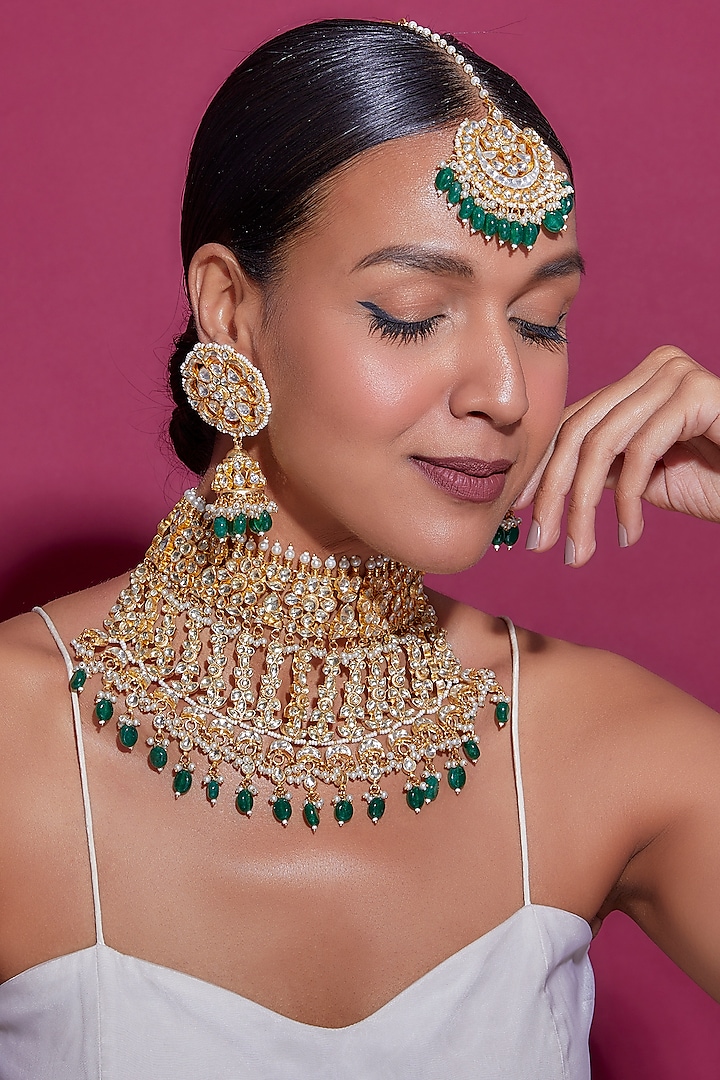 Gold Finish White Kundan Polki & Green Drop Necklace Set by Adityam Jewels at Pernia's Pop Up Shop