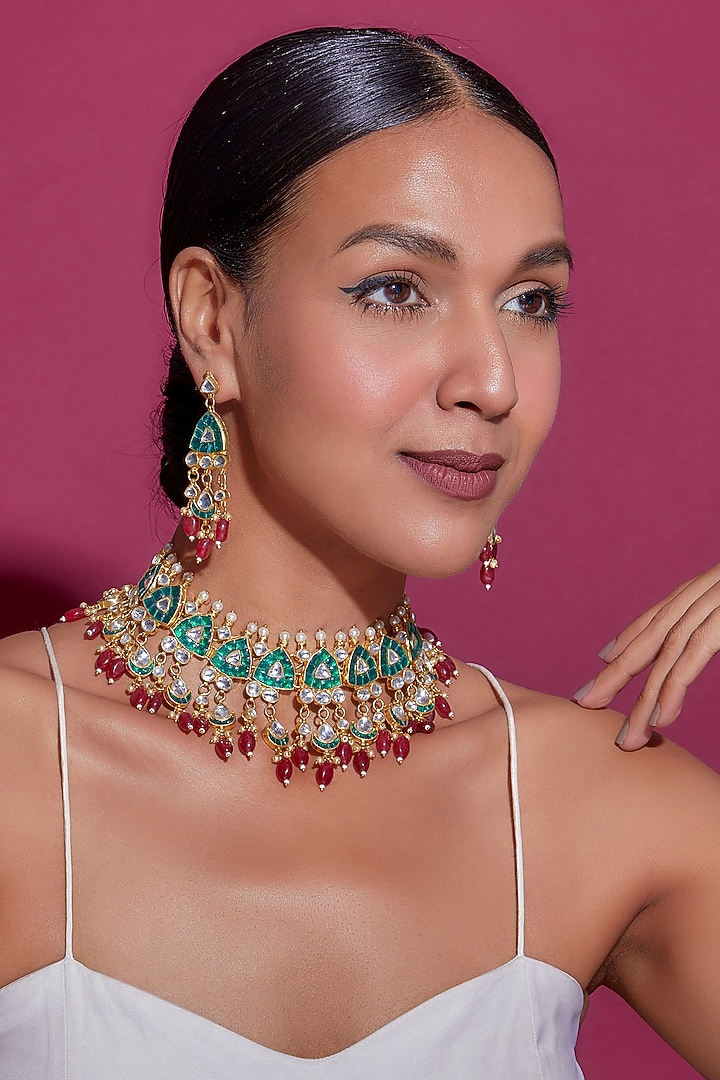 Gold Finish Green Kundan Polki & Red Drop Necklace Set by Adityam Jewels at Pernia's Pop Up Shop