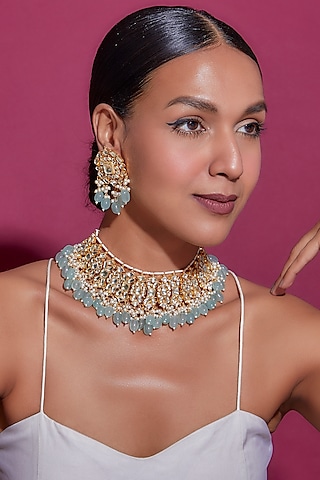 Gold Finish White Kundan Polki Necklace Set by Adityam Jewels