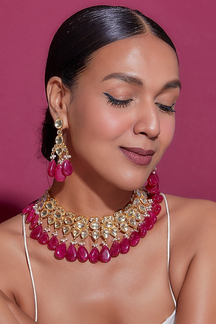 Gold Finish White Kundan Polki & Red Drop Necklace Set by Adityam Jewels at Pernia's Pop Up Shop