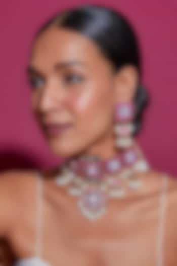 Gold Finish Red & Green Kundan Polki Choker Necklace Set by Adityam Jewels at Pernia's Pop Up Shop