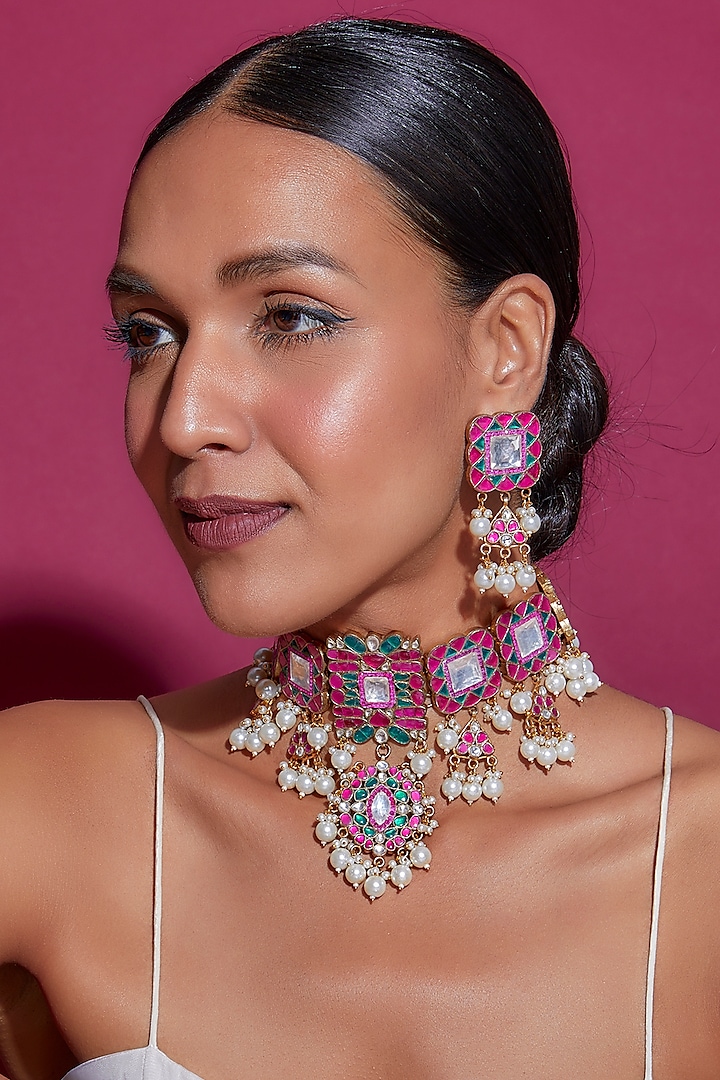 Gold Finish Red & Green Kundan Polki Choker Necklace Set by Adityam Jewels at Pernia's Pop Up Shop