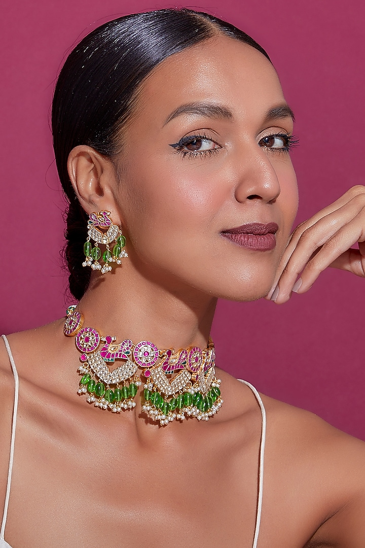 Gold Finish Red Kundan Polki & Peacock Motif Necklace Set by Adityam Jewels at Pernia's Pop Up Shop