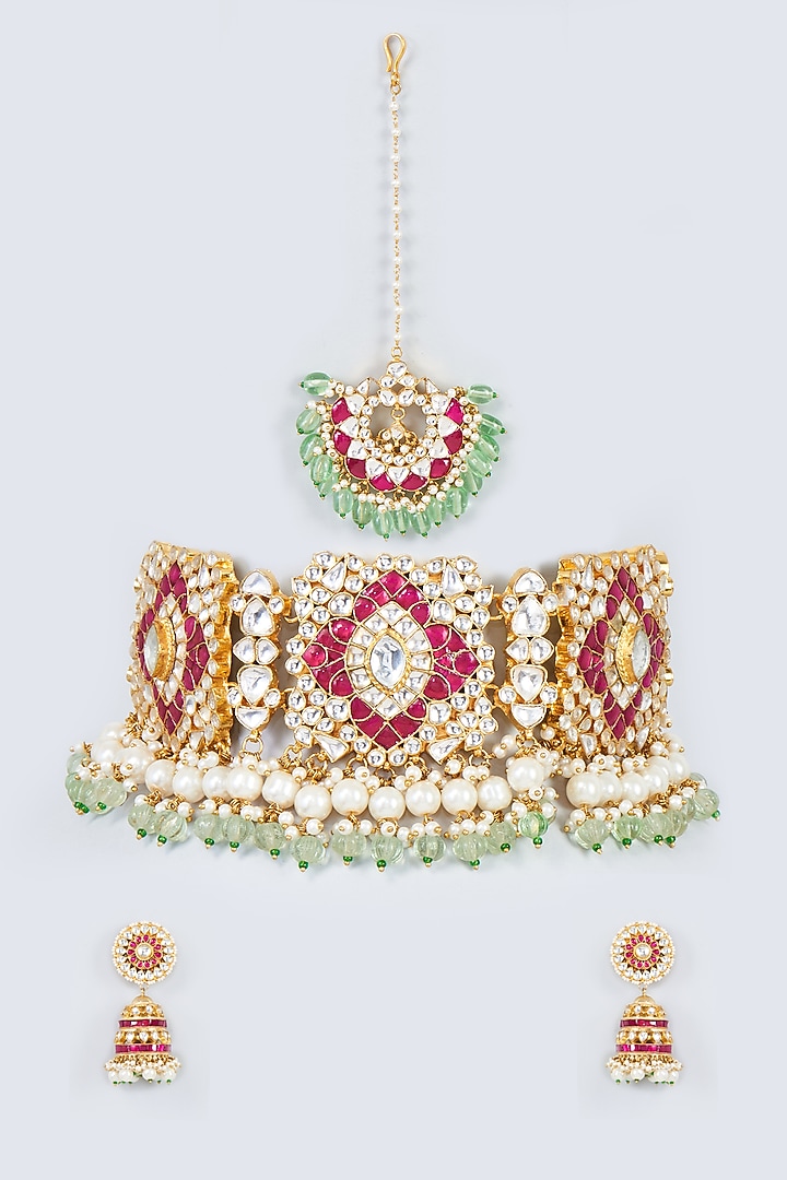 Gold Finish Multi-Colored Kundan Polki Choker Necklace set. by Adityam Jewels at Pernia's Pop Up Shop