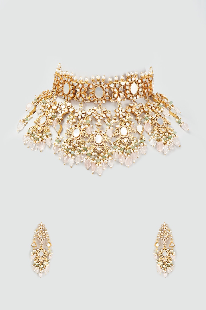 Gold Finish White Kundan Polki Necklace Set by Adityam Jewels at Pernia's Pop Up Shop