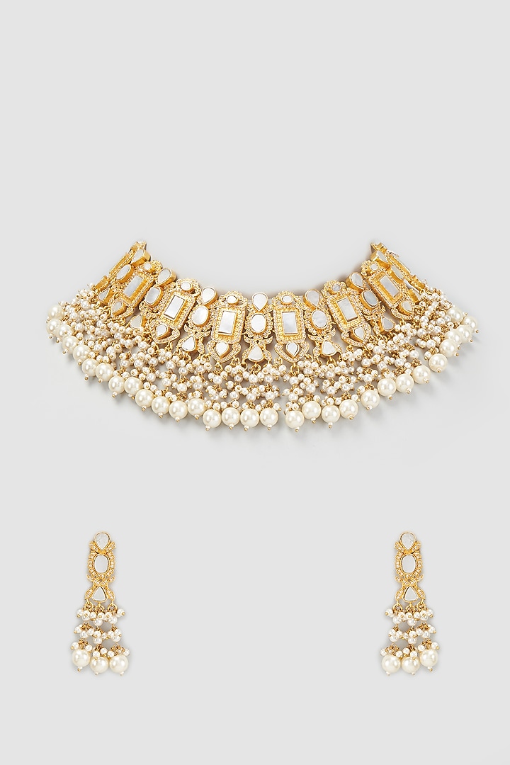 Gold Finish White Kundan Polki Necklace Set by Adityam Jewels at Pernia's Pop Up Shop