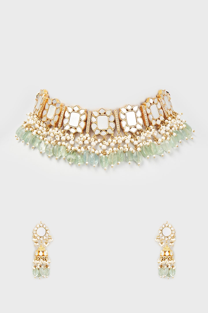 Gold Finish White Kundan Polki Choker Necklace Set by Adityam Jewels at Pernia's Pop Up Shop