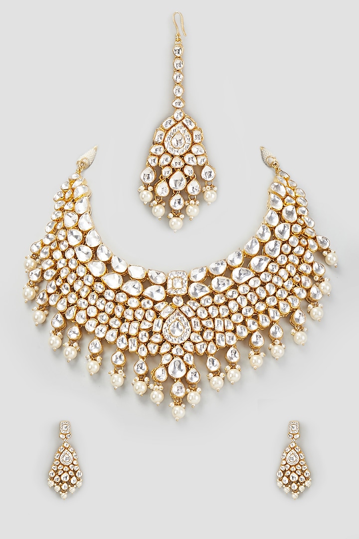 Gold Finish White Kundan Polki Necklace Set Design By Adityam Jewels At