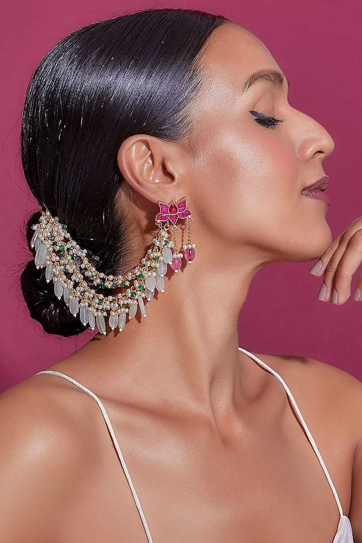 Gold Finish Kundan & Beads Earchain by Adityam Jewels