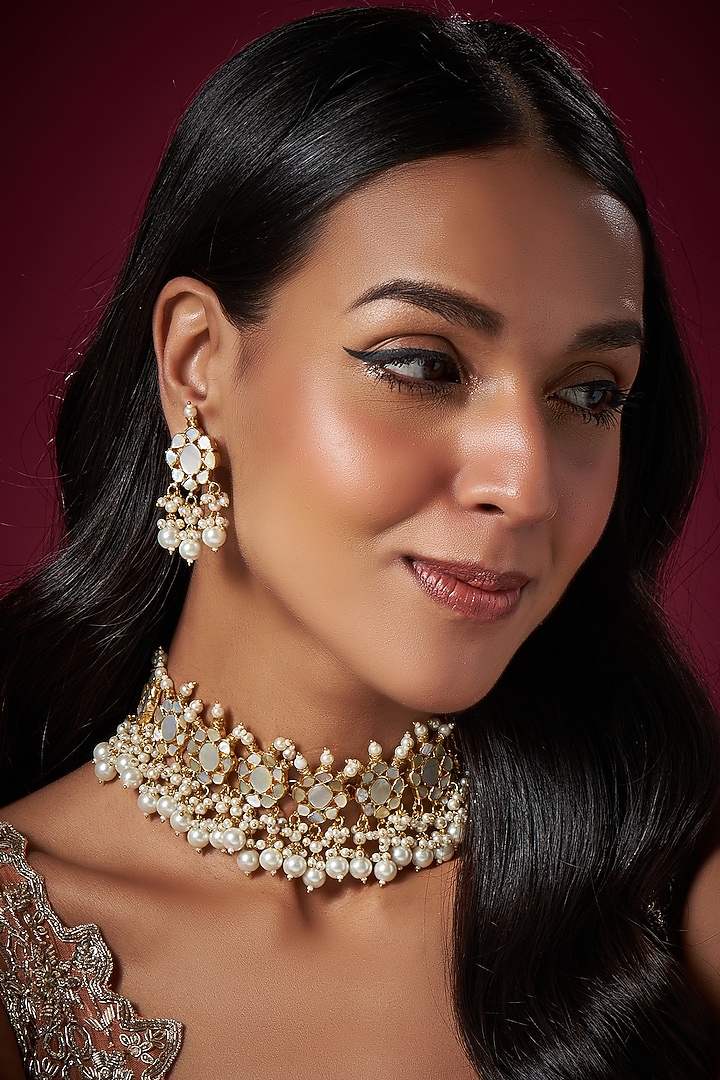 Gold Finish Mother Of Pearl & Kundan Polki Choker Necklace Set by Adityam Jewels at Pernia's Pop Up Shop