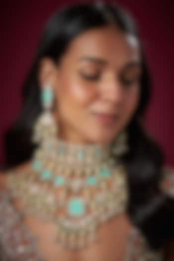 Gold Finish Kundan Polki & Turquoise Stone Necklace Set by Adityam Jewels at Pernia's Pop Up Shop