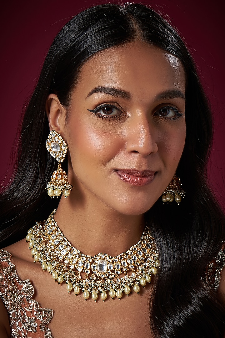 Gold Finish Kundan Polki Necklace Set by Adityam Jewels at Pernia's Pop Up Shop