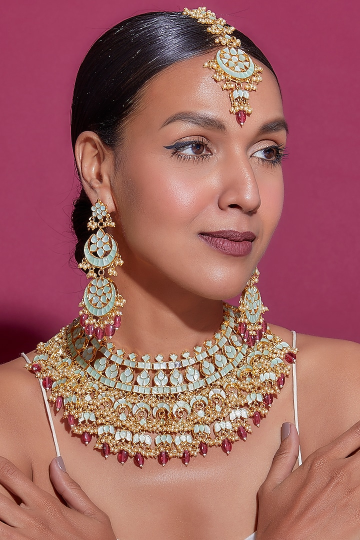 Gold Finish Green Kundan Polki Necklace Set by Adityam Jewels at Pernia's Pop Up Shop
