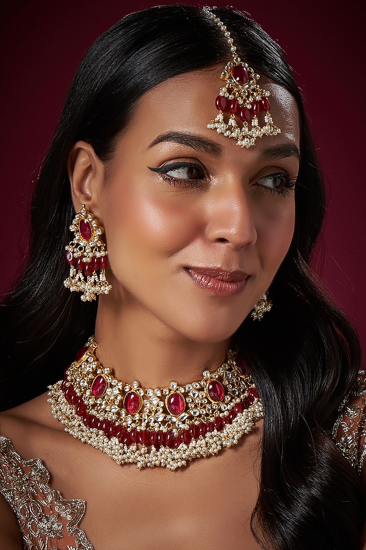 Gold Finish Kundan Polki & Red Stones Necklace Set by Adityam Jewels at Pernia's Pop Up Shop