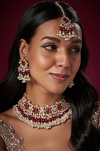 Gold Finish Kundan Polki & Red Stones Necklace Set by Adityam Jewels