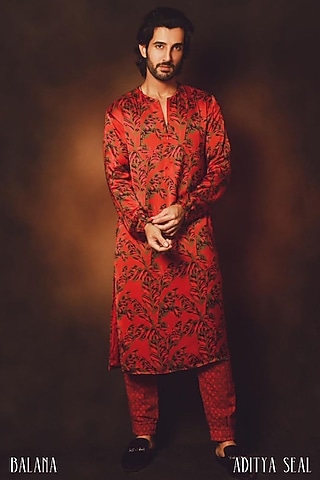 Cherry Red Printed Kurta Set by Punit Balana Men