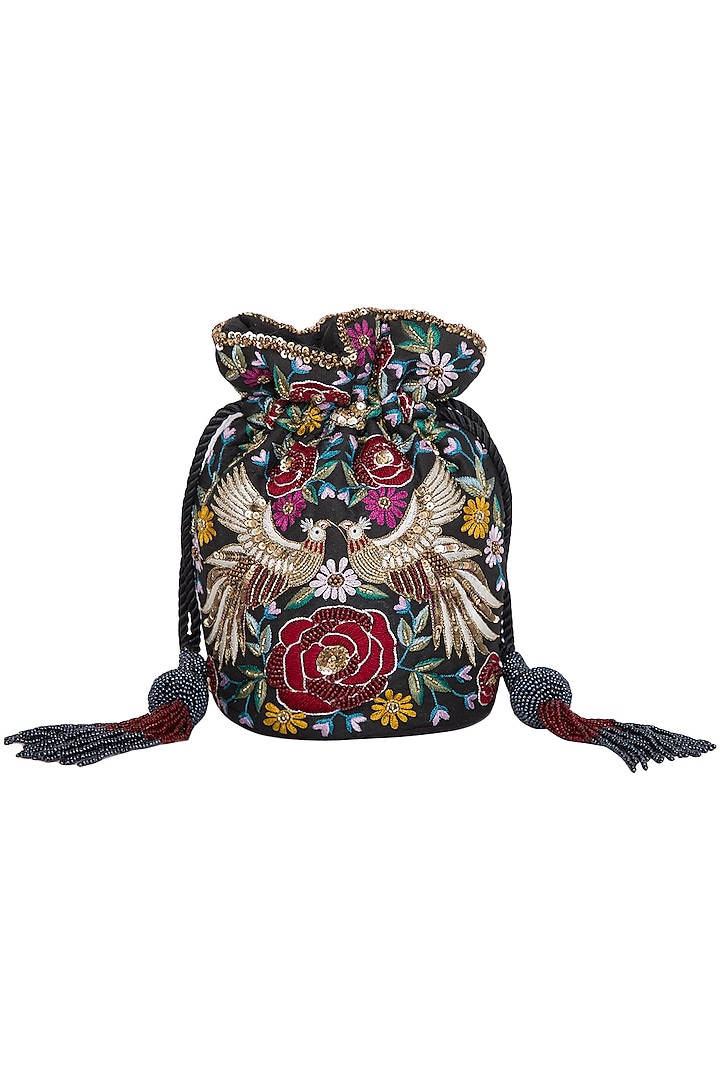 Black Embroidered Round Phoenix Potli Bag by Adora by Ankita at Pernia's Pop Up Shop