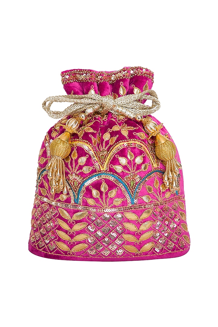 Pink Embroidered Velvet Potli Bag by Adora by Ankita
