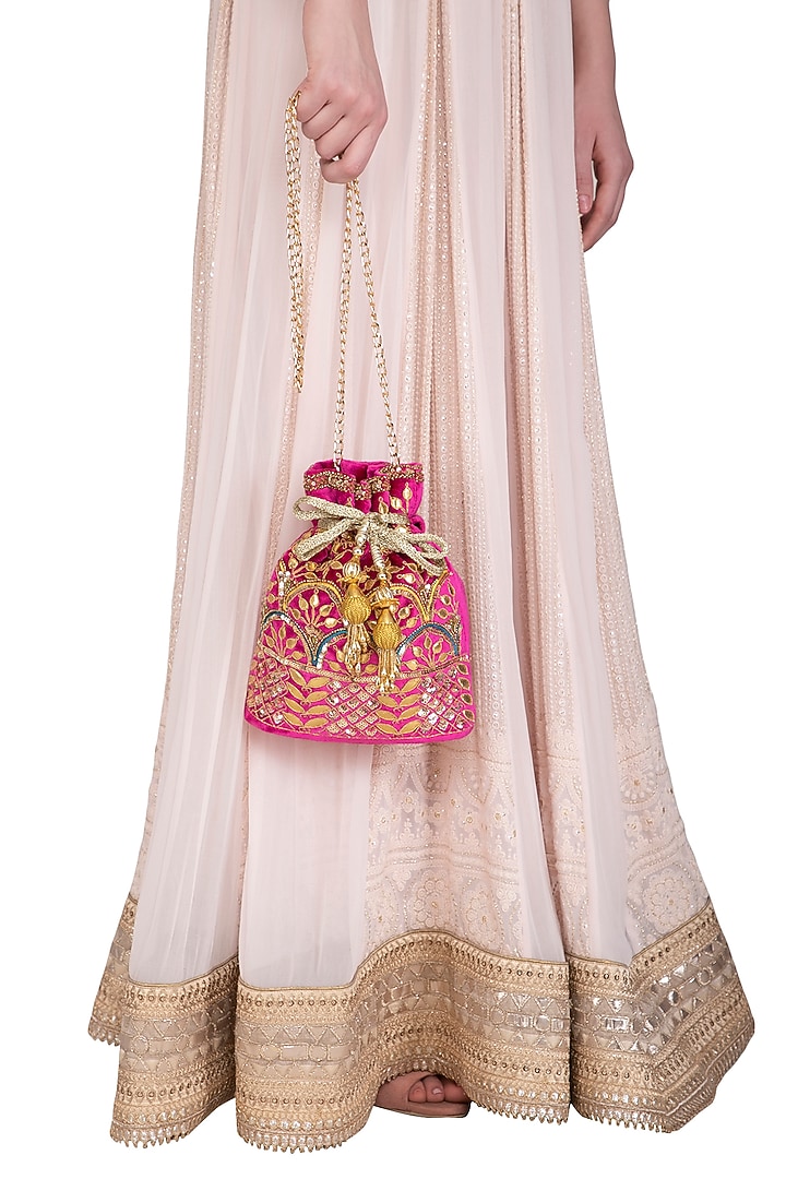 Pink Embroidered Velvet Potli Bag by Adora by Ankita at Pernia's Pop Up Shop