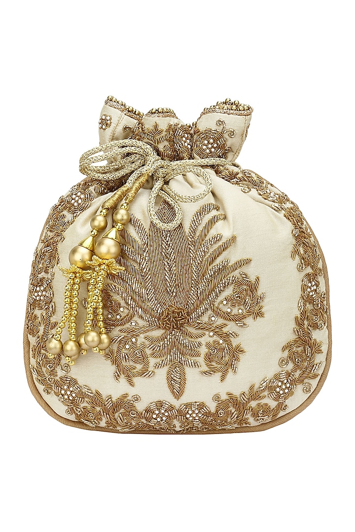 Cream Zardozi and Beads Embroidered Potli Bag by Adora by Ankita