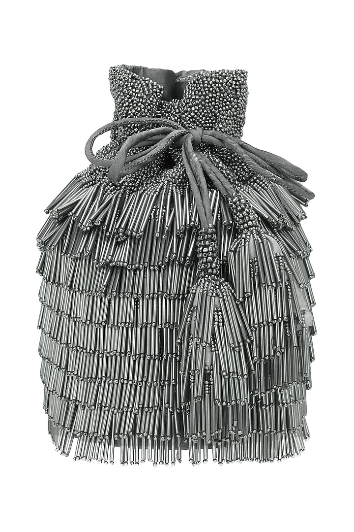 Charcoal Grey Beads Tasseled Bucket Potli Bag by Adora by Ankita