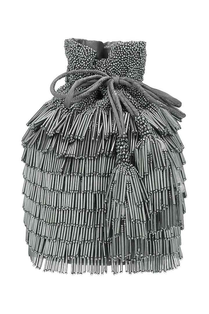 Charcoal Grey Beads Tasseled Bucket Potli Bag available only at Pernia's Pop Up Shop.
